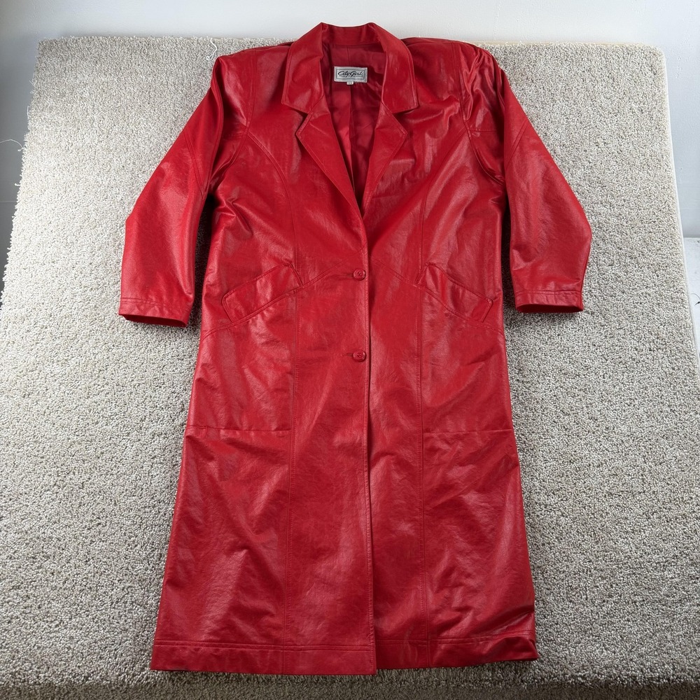 Vintage City Girl Coat Womens 12 Red Microfiber 3/4 Sleeve Long Lined 80s USA